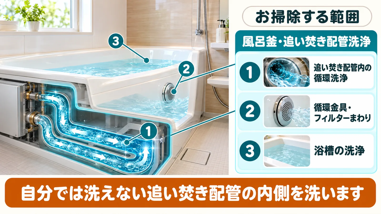 風呂釜洗浄（追い焚き配管の除菌）で、ひなたが作業する範囲