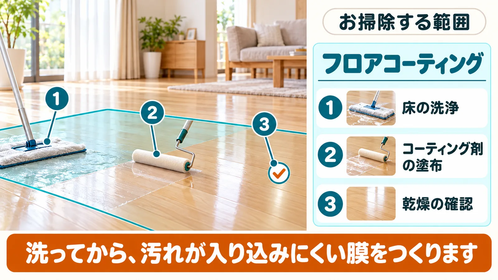 フロアコーティングで、ひなたが作業する範囲