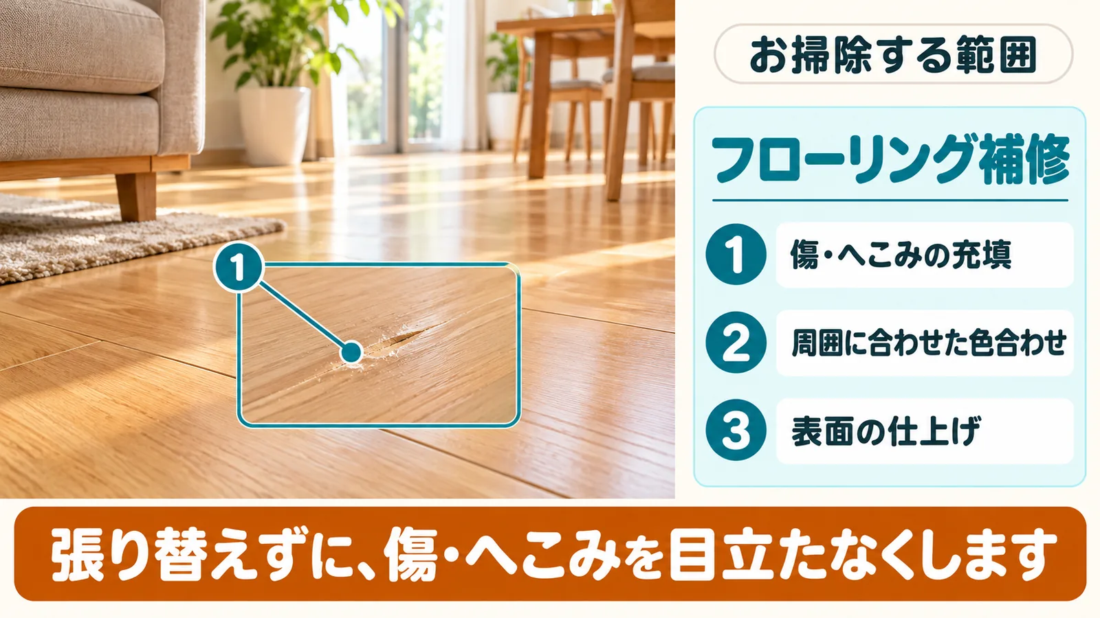 フローリング補修で、ひなたが作業する範囲