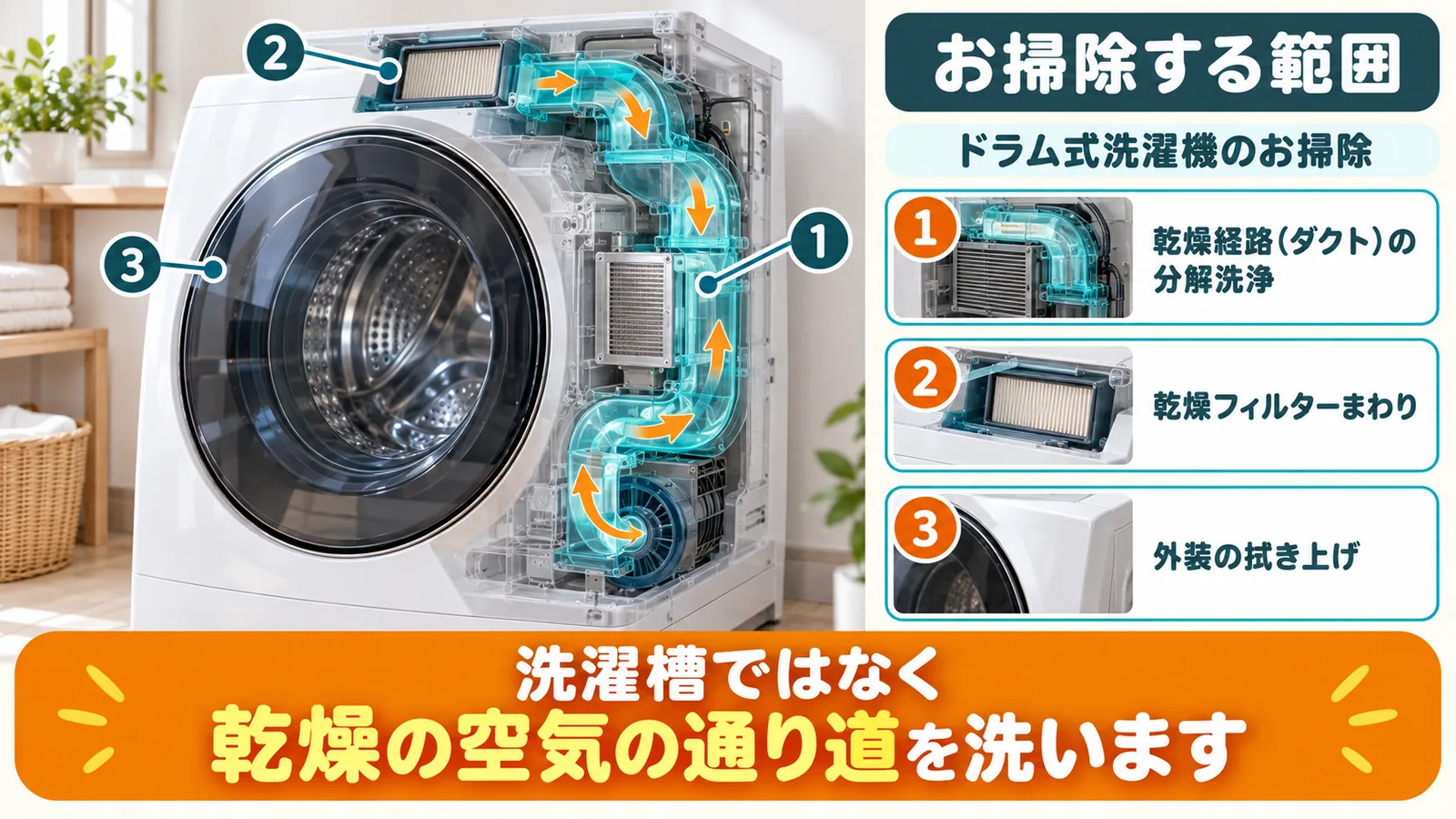 ドラム式洗濯機 乾燥機能の分解クリーニングで、ひなたが作業する範囲